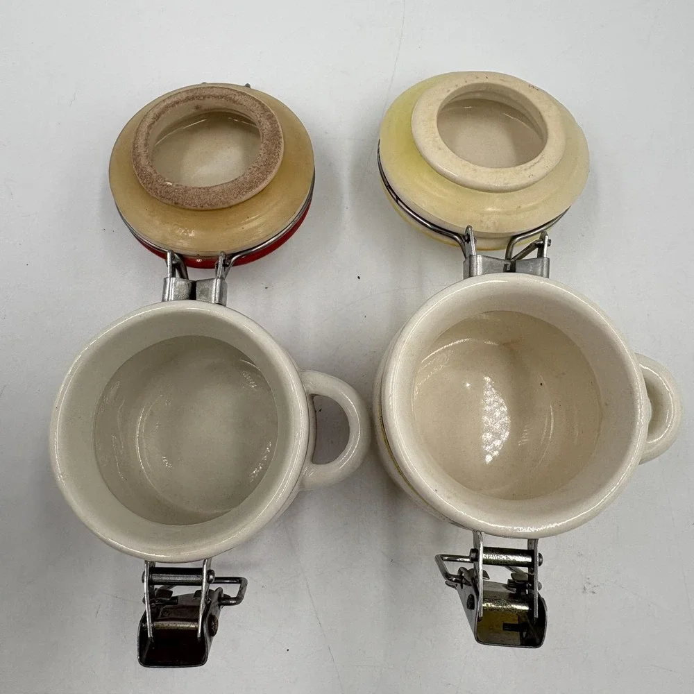 Striped Ceramic Jam Jars Set Of 2 Red‎ Yellow Clamp Lid Airtight Kitchen Storage